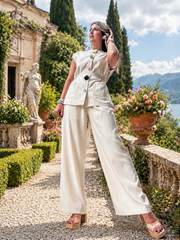 BEIGE FLOWER BUTTON TOP & PANT SET