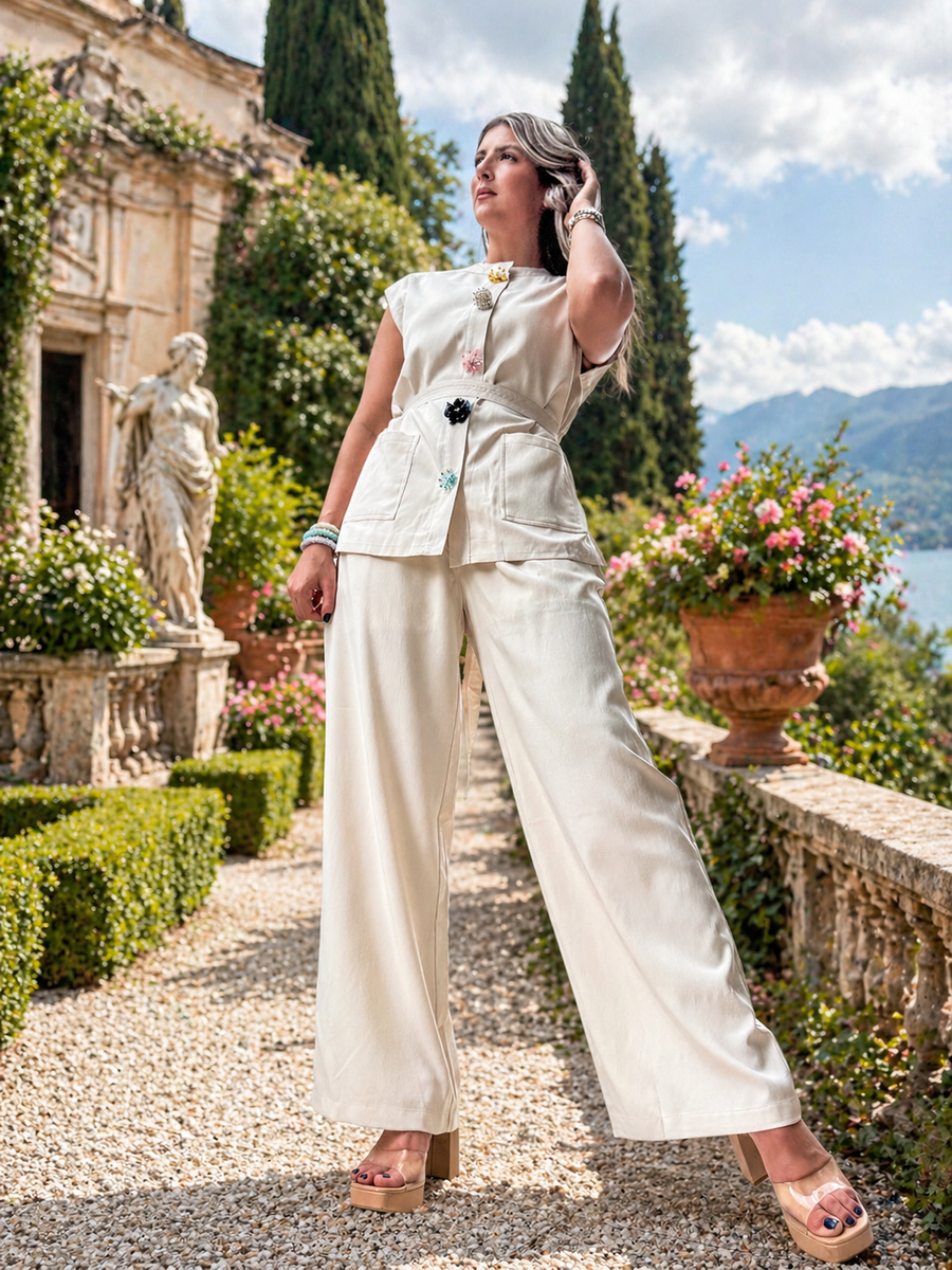 BEIGE FLOWER BUTTON TOP & PANT SET