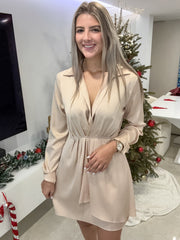 BEIGE SATIN PLEATED DETAIL LONG SLEEVE SHORT DRESS