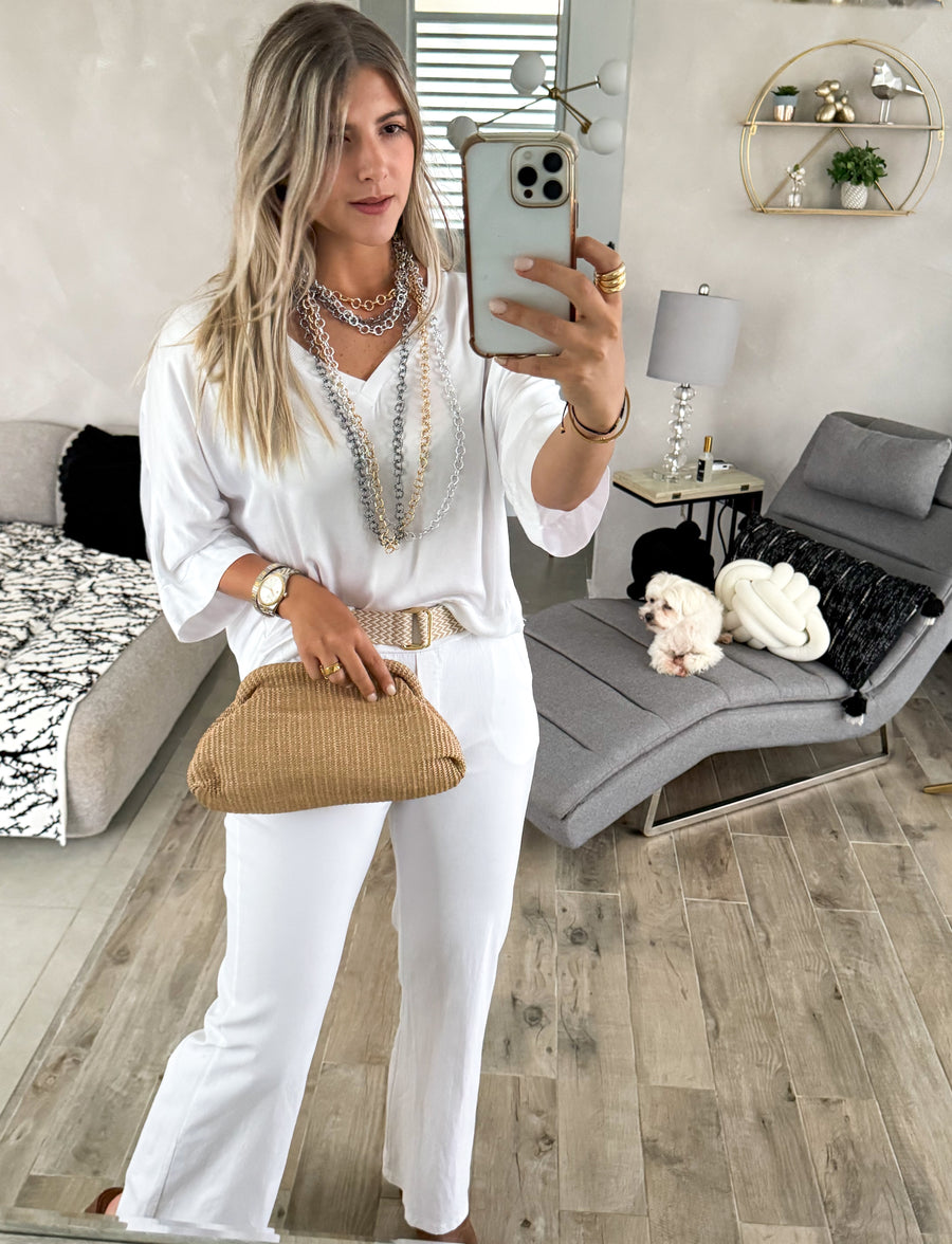 WHITE 3/4 SLEEVES V-NECK SILKY BLOUSE