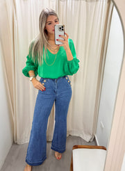 GREEN SILKY V-NECK BLOUSE