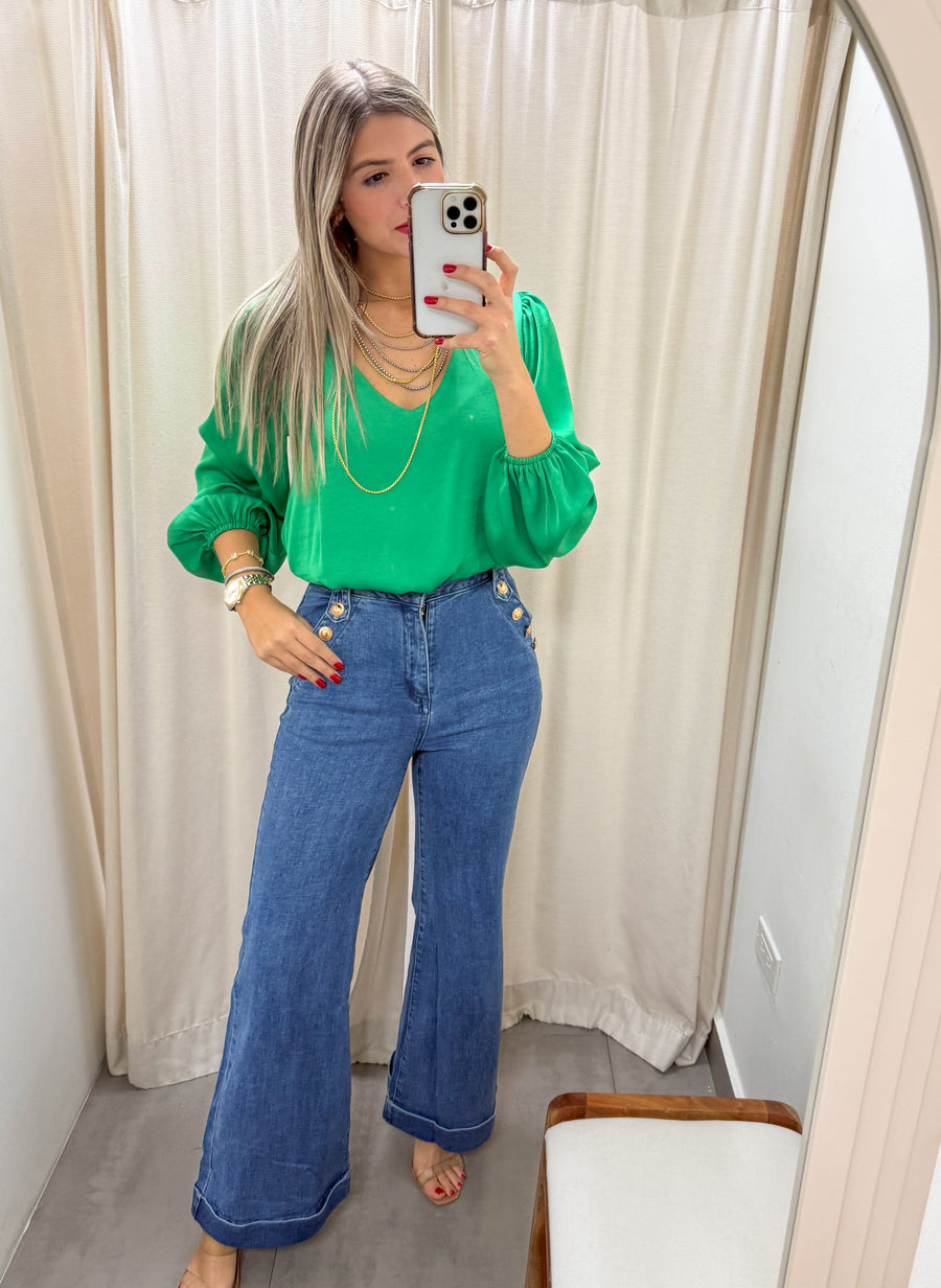 GREEN SILKY V-NECK BLOUSE