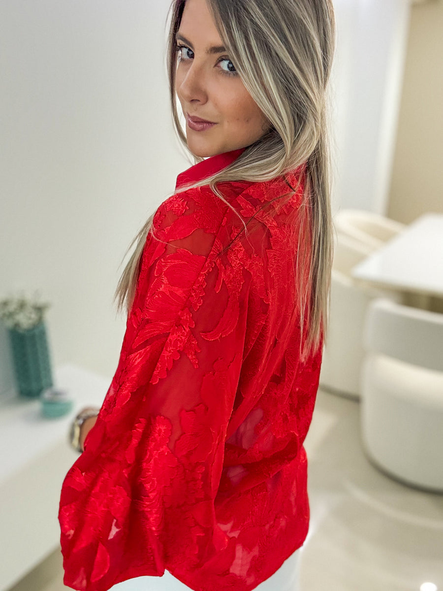 RED SATIN EMBROIDED DETAIL BLOUSE