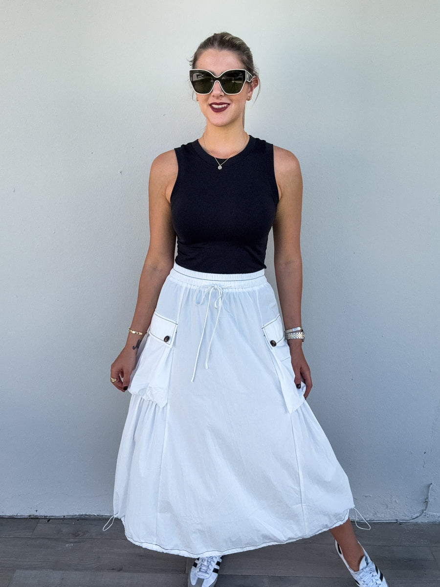 WHITE PARACHUTE MIDI SKIRT