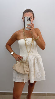 SAND EMBROIDERED STRAPLESS SHORT DRESS