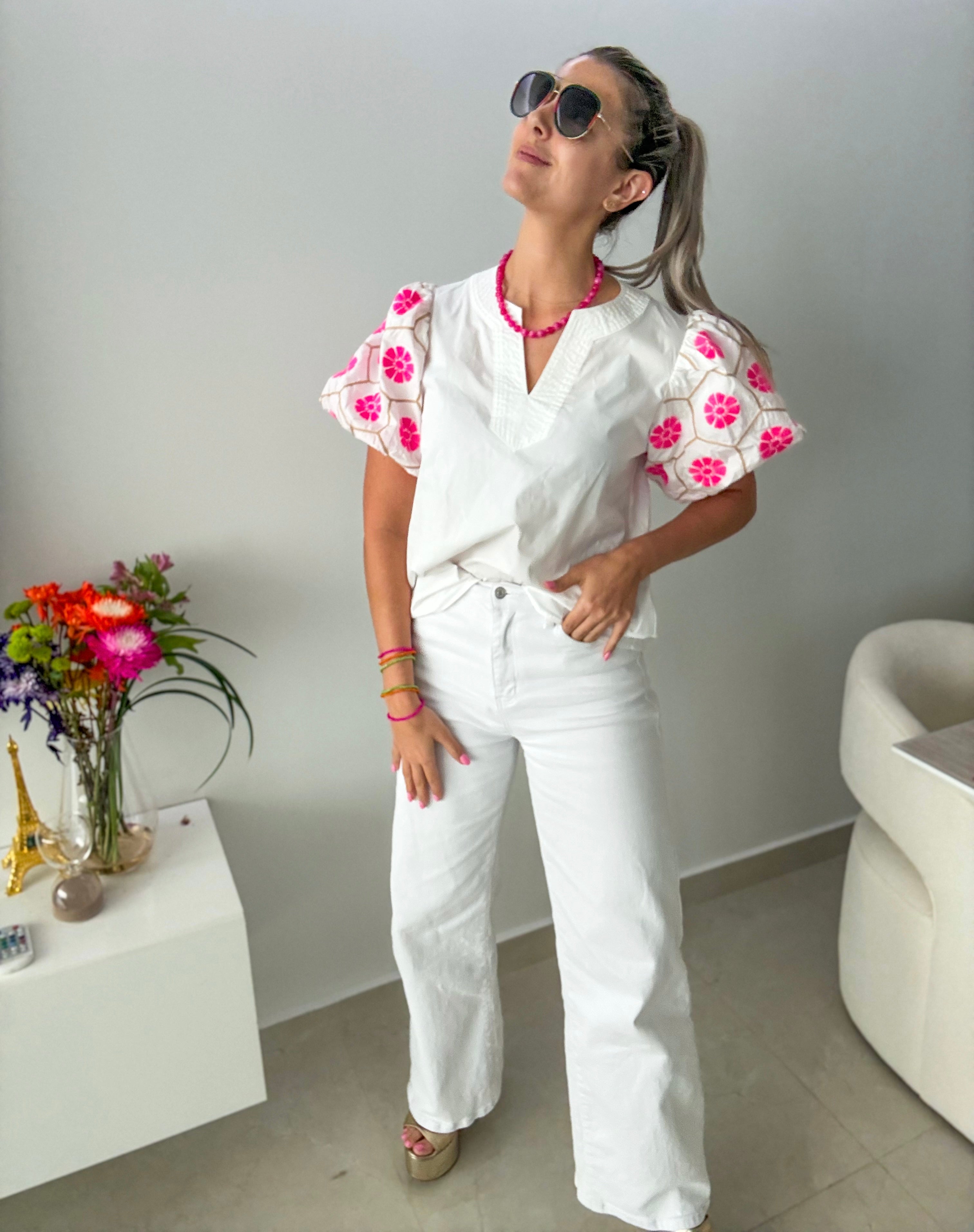 WHITE NEON PINK/BEIGE EMBROIDED BUBBLE SLEEVES BLOUSE