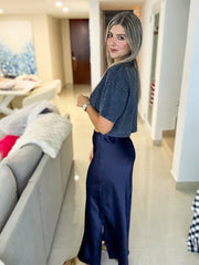 NAVY SATIN SKIRT
