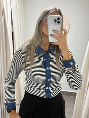 BLACK STRIPED DENIM LONG SLEEVE TRIM TOP