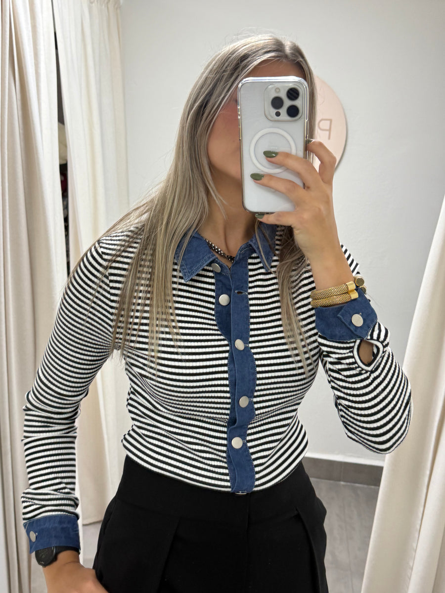BLACK STRIPED DENIM LONG SLEEVE TRIM TOP
