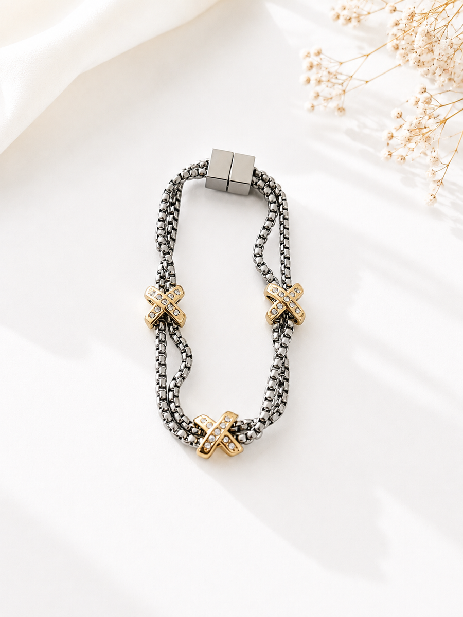TWO TONE RHINESTONE "X" MAGNETIC CLASP BRACELET