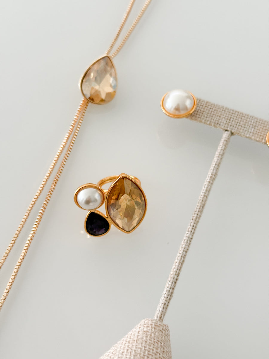 LONG GEM LARIAT NECKLACE SET IN GOLD/BLACK