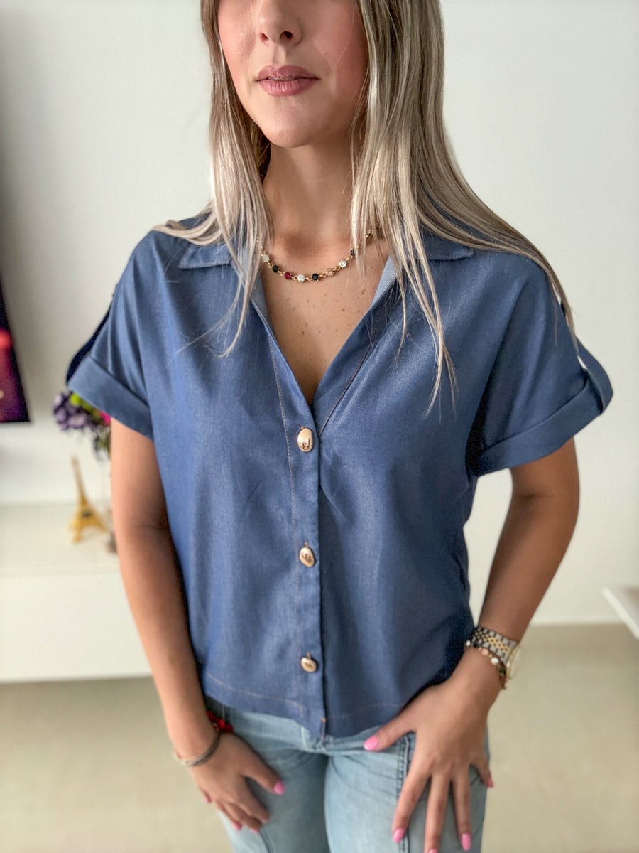 DENIM GOLD BUTTONED BLOUSE