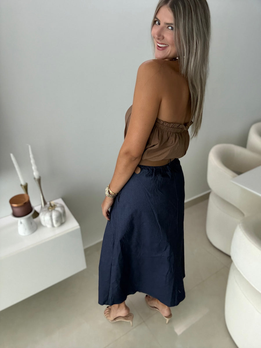 DENIM BELTED STRETCHY MIDI SKIRT