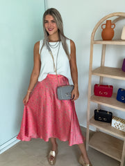 CORAL PRINTED HIGH LOW SILKY SKIRT