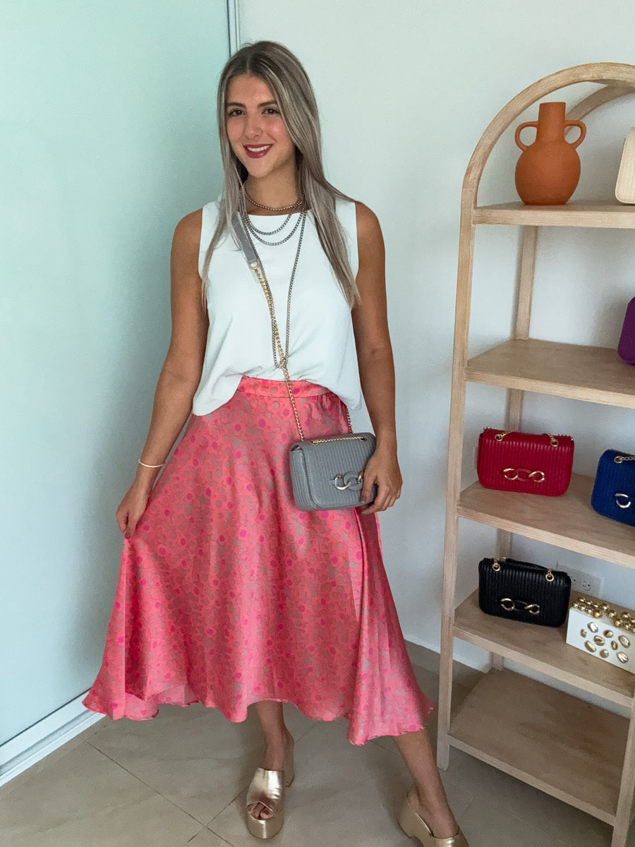 CORAL PRINTED HIGH LOW SILKY SKIRT