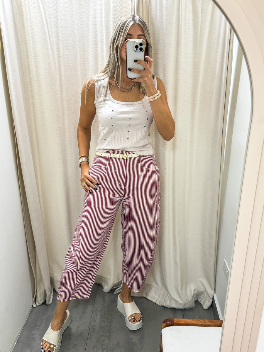 WINE STRIPED BARREL PANTS