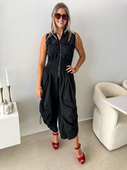 BLACK ZIPPER FRONT BARREL JUMPSUIT