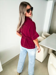BURGUNDY ROPE BELTED BLOUSE