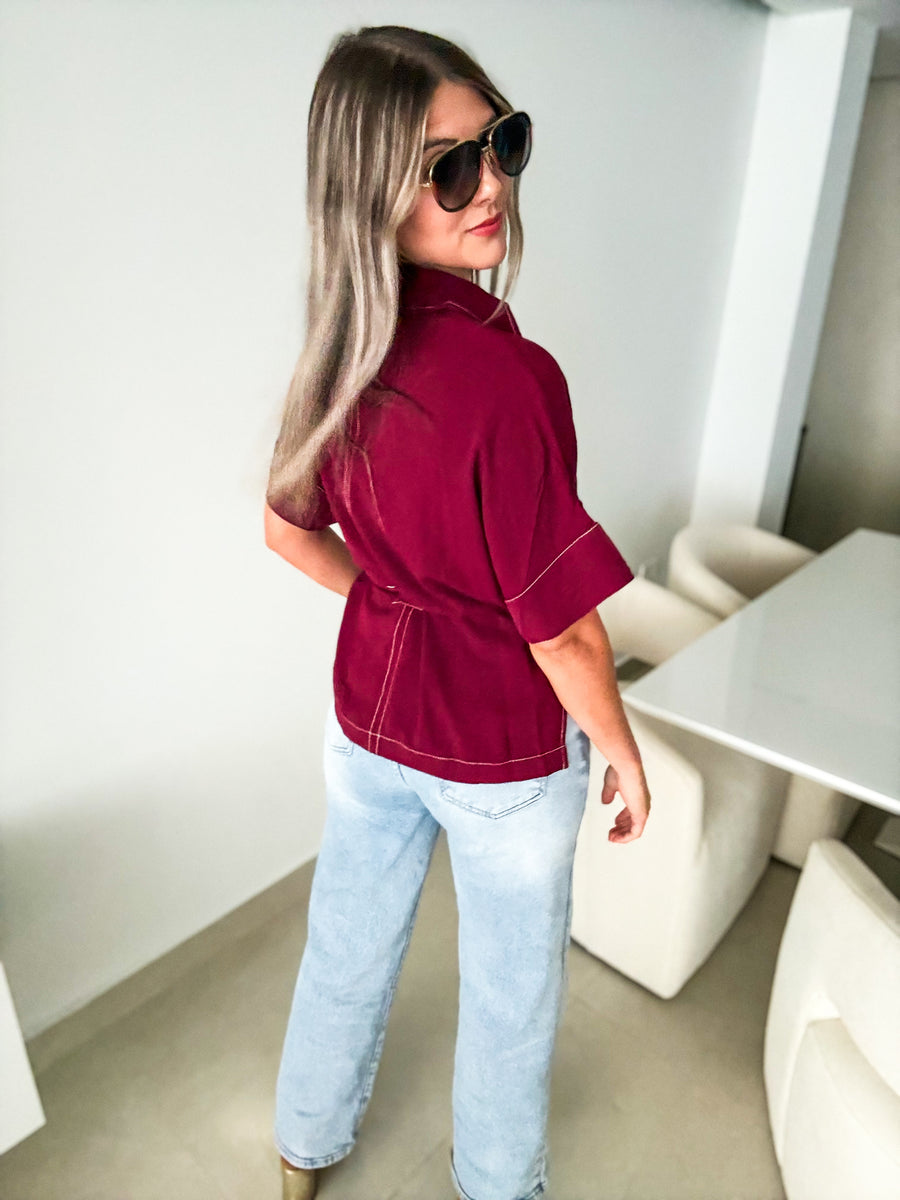 BURGUNDY ROPE BELTED BLOUSE