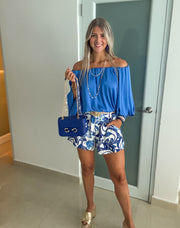 BLUE SATIN OFF SHOULDER BLOUSE