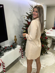 BEIGE SATIN PLEATED DETAIL LONG SLEEVE SHORT DRESS