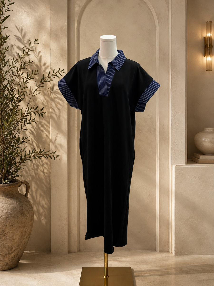 BLACK/DENIM MODAL MIDI DRESS