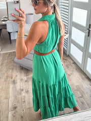 GREEN HALTER SLEEVELESS MIDI DRESS