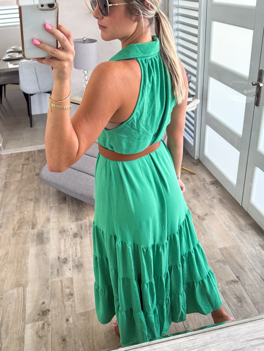 GREEN HALTER SLEEVELESS MIDI DRESS