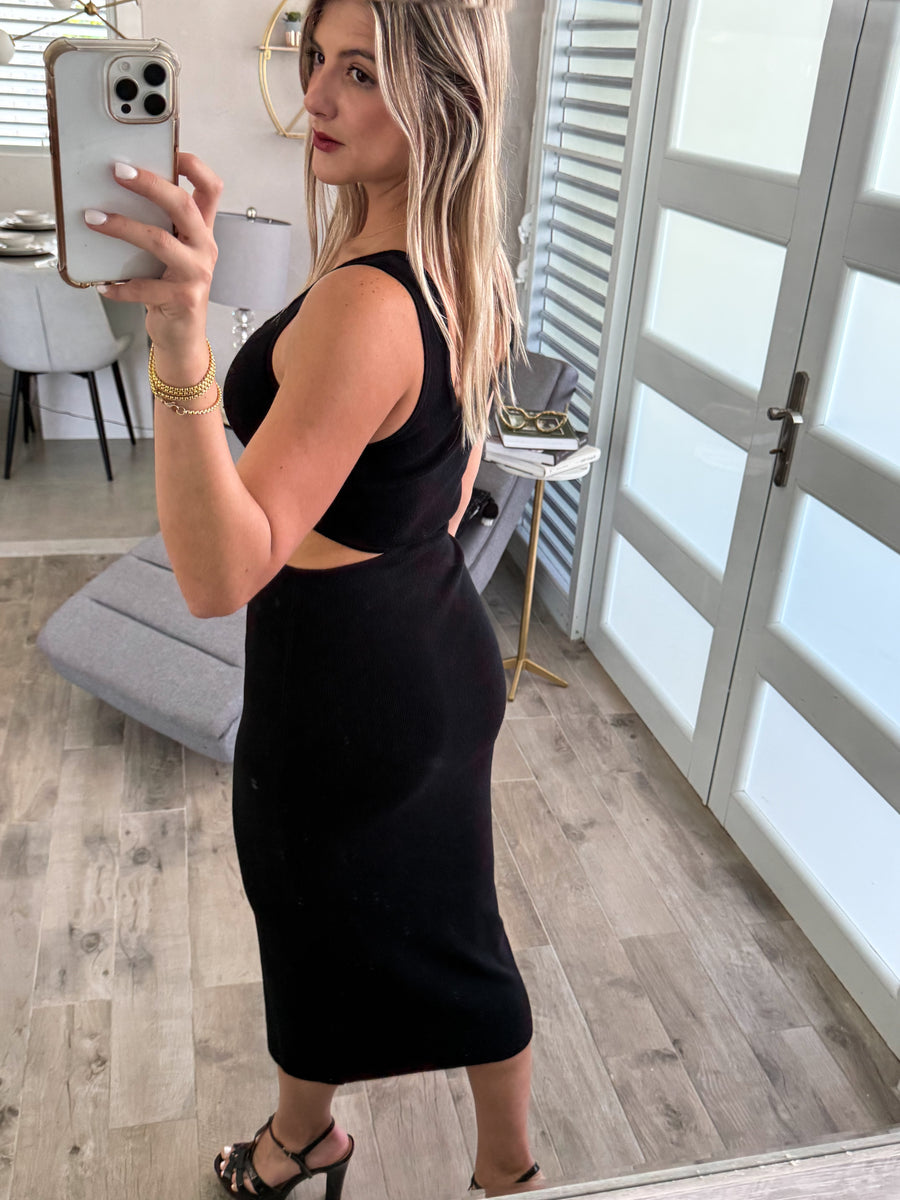 BLACK KNITTED CUT-OUT MIDI DRESS