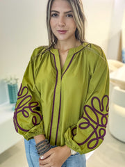 GREEN/PLUM DETAILED BLOUSE