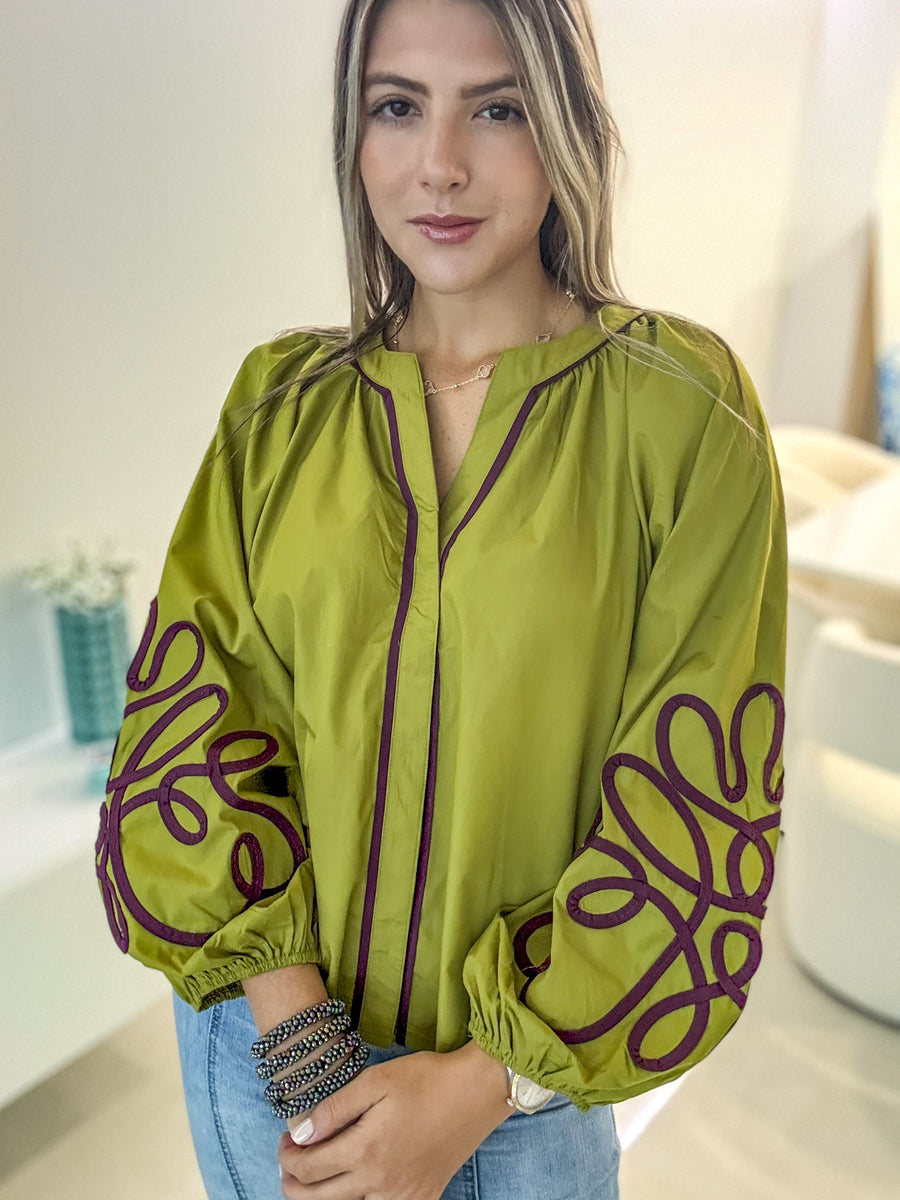 GREEN/PLUM DETAILED BLOUSE