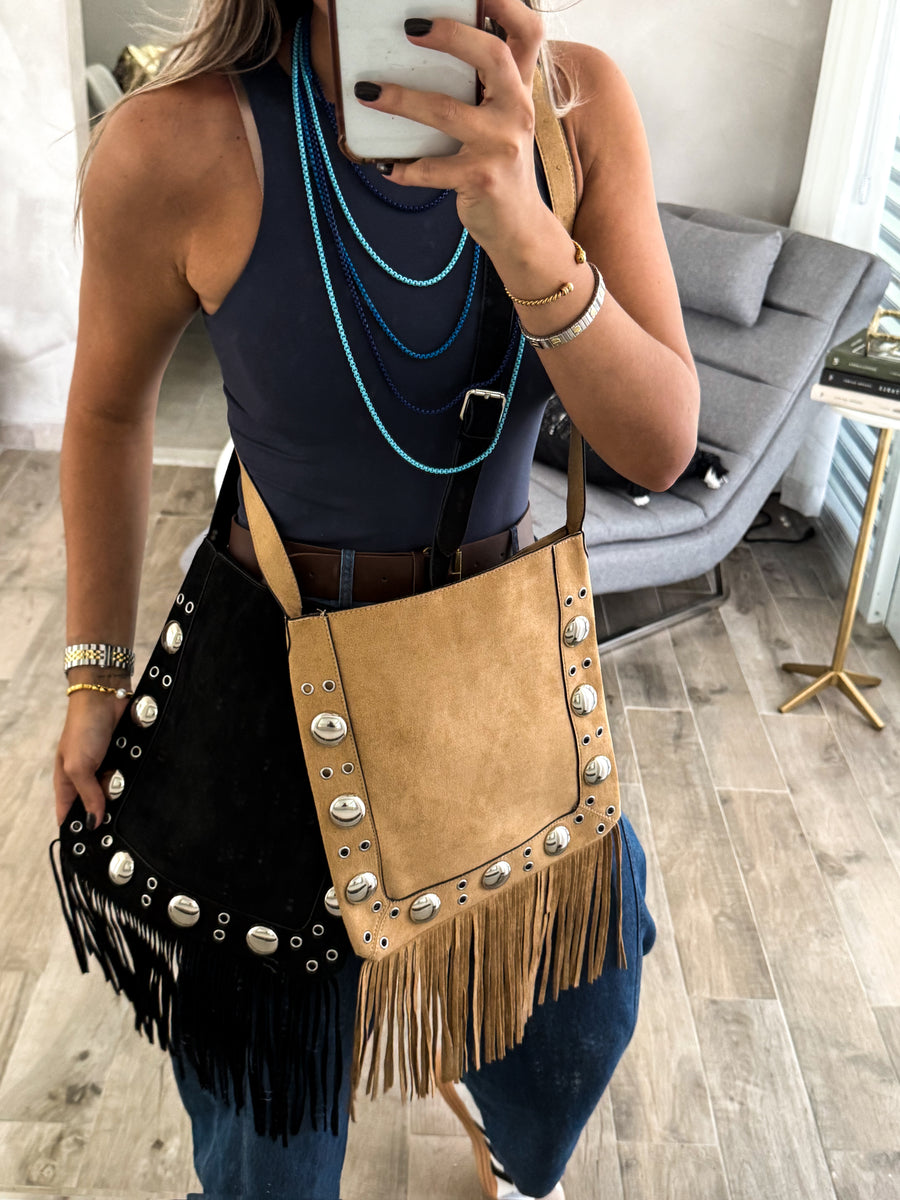 FRINGE STUDDED SUEDE CROSSBODY BAG