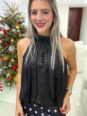 BLACK BEADED EMBELLISHMENTS HALTER BLOUSE