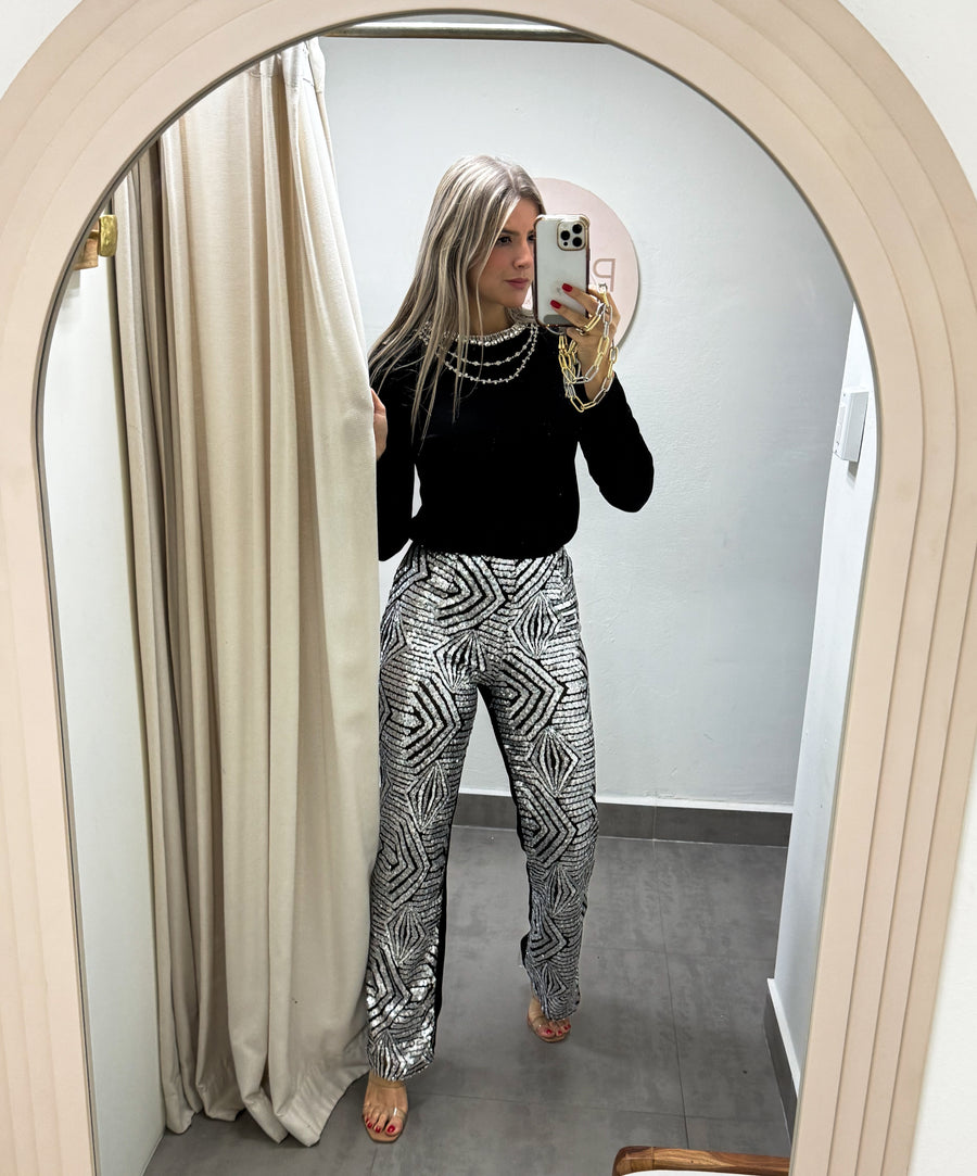 BLACK/SILVER SEQUIN STRETCHY PANTS