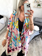 ONE SIZE HEART PRINT SILKY FEEL KIMONO