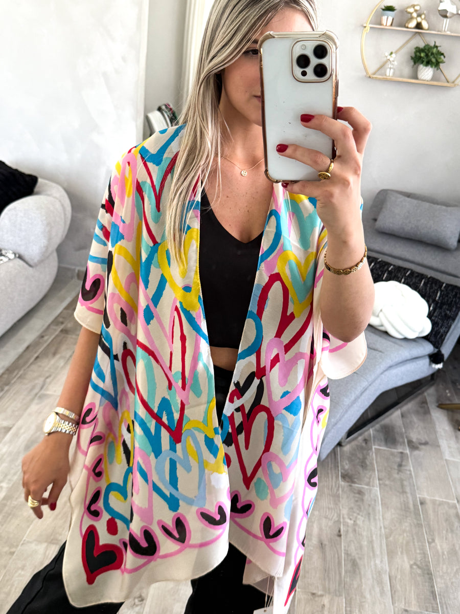 ONE SIZE HEART PRINT SILKY FEEL KIMONO