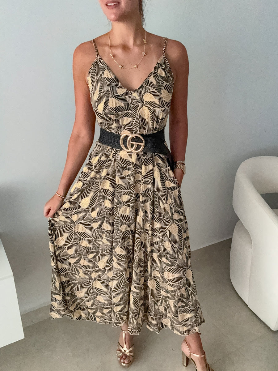 GOLD/BLACK LEAF MAXI DRESS