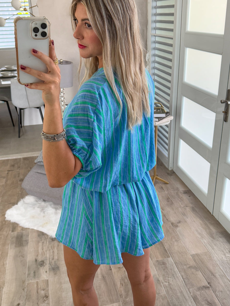 BLUE/GREEN TOP & SHORTS SET