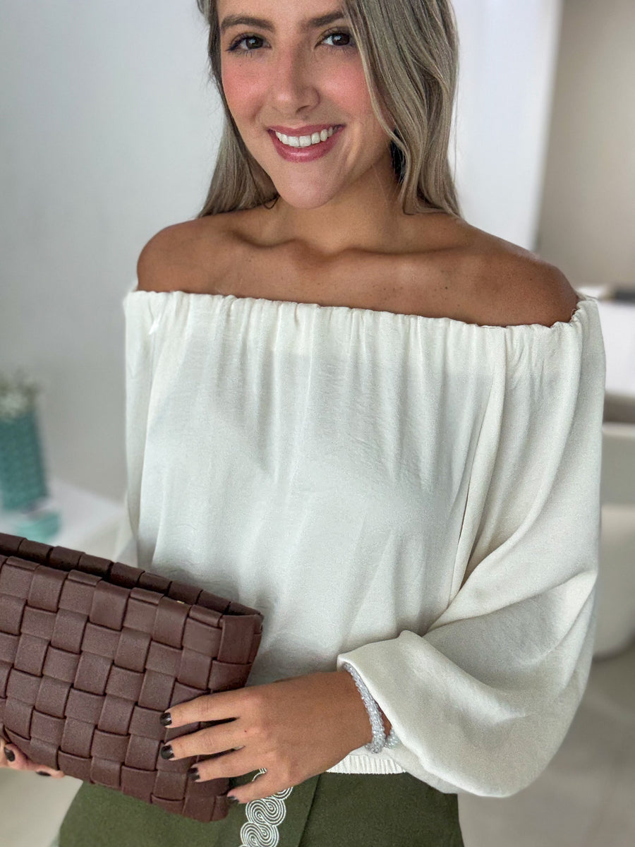 IVORY SATIN OFF SHOULDER BLOUSE