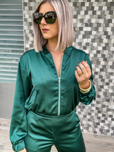 Load image into Gallery viewer, HUNTER GREEN SATIN BOMBER JACKET

