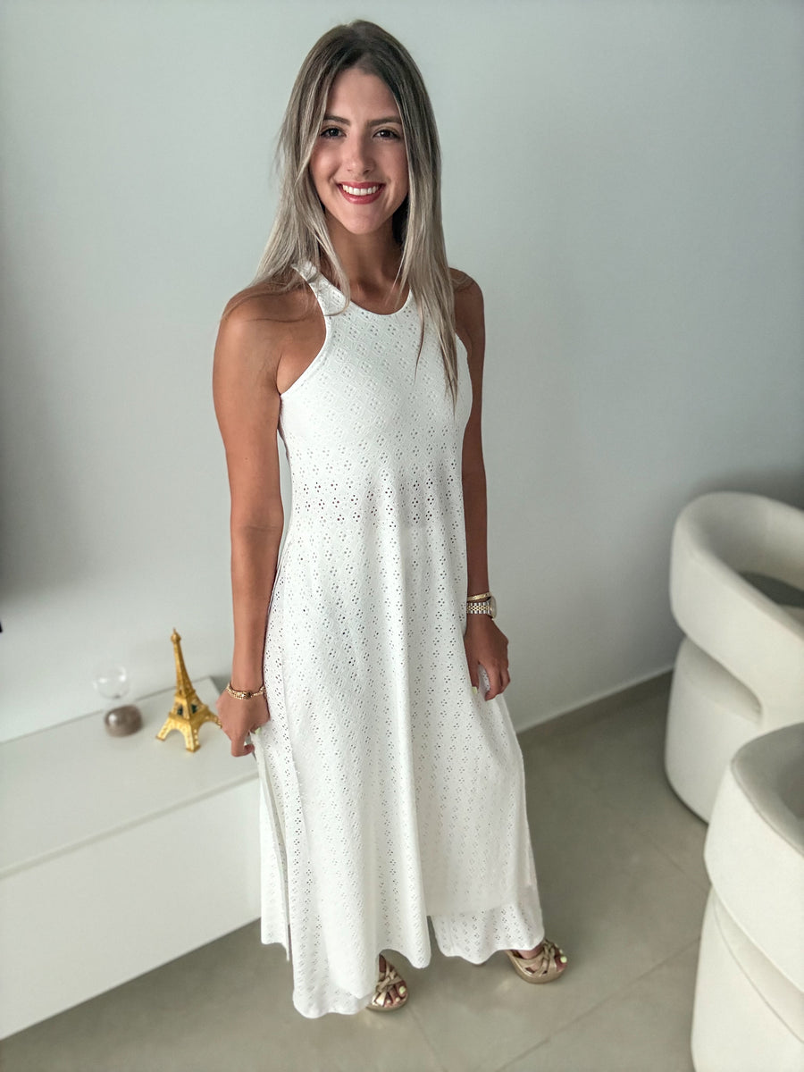PIA WHITE EYELET RACERBACK TOP & PANT SET