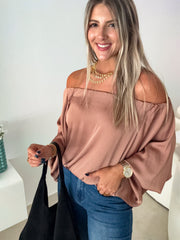 MOCHA SATIN OFF SHOULDER BLOUSE