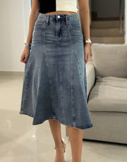 DENIM BELTED STRETCHY MIDI SKIRT