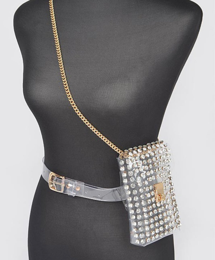RHINESTONE BELT BAG W/CHAIN