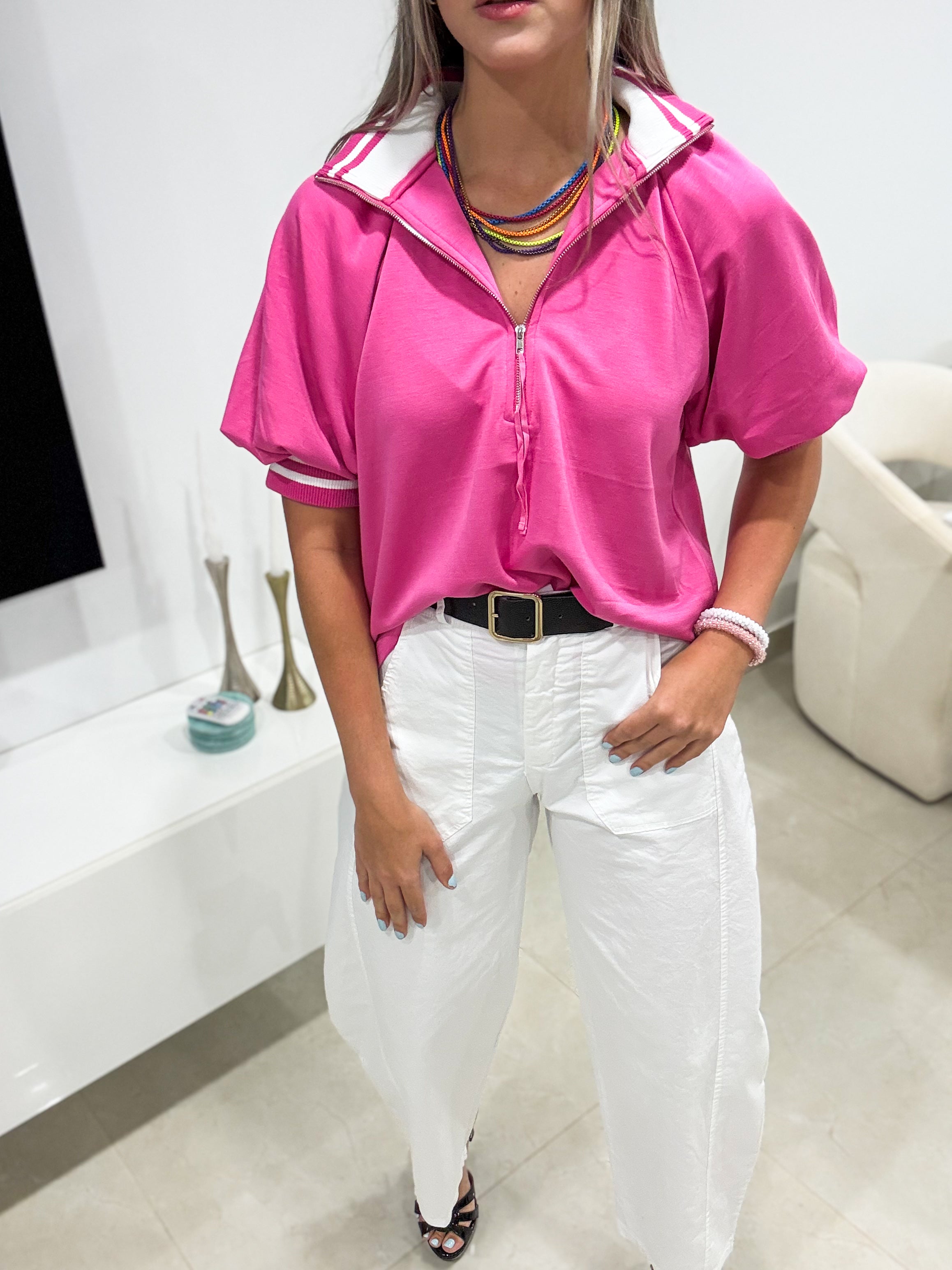 PINK ZIPPER TRACK LINES BLOUSE