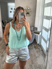 AQUA SATIN ELABORATED STRAP TANK BLOUSE