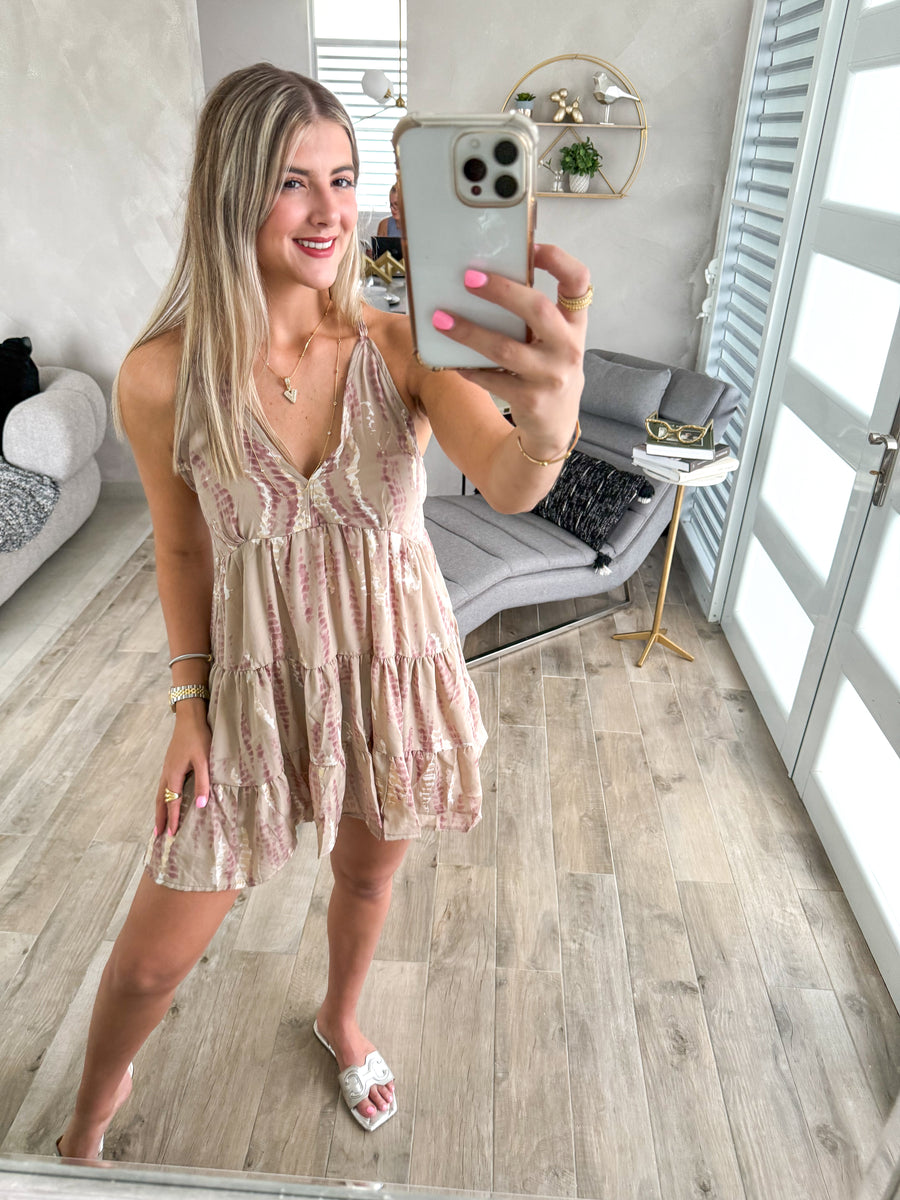 TAUPE TIE DYE RACERBACK SHORT DRESS