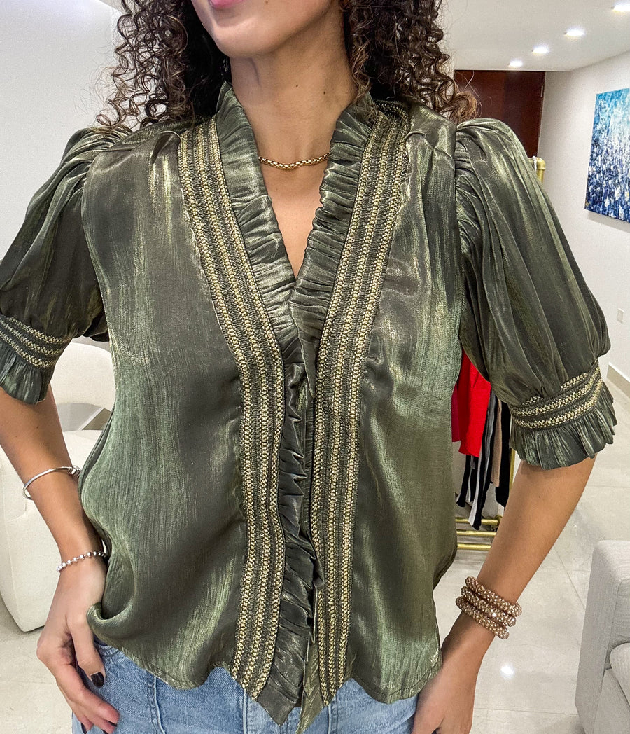 OLIVE/GOLD SATIN ELEGANT BLOUSE