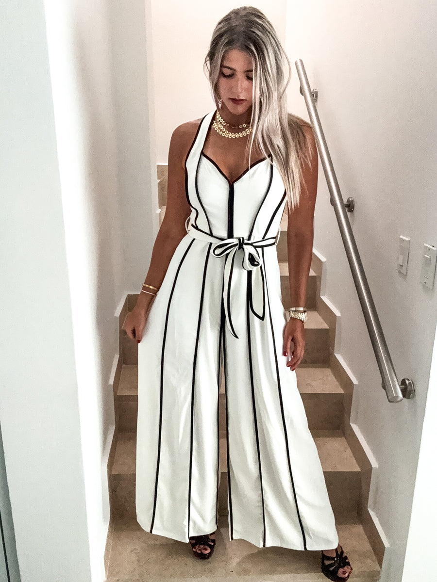 WHITE/BLACK HALTER JUMPSUIT