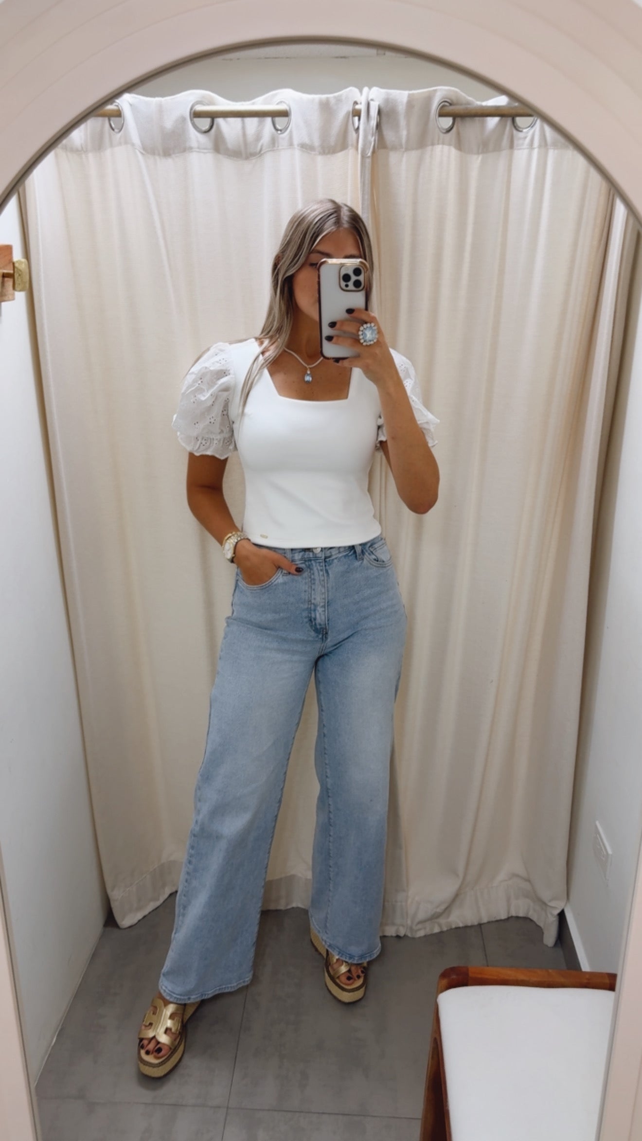 WHITE EYELET SLEEVES BLOUSE